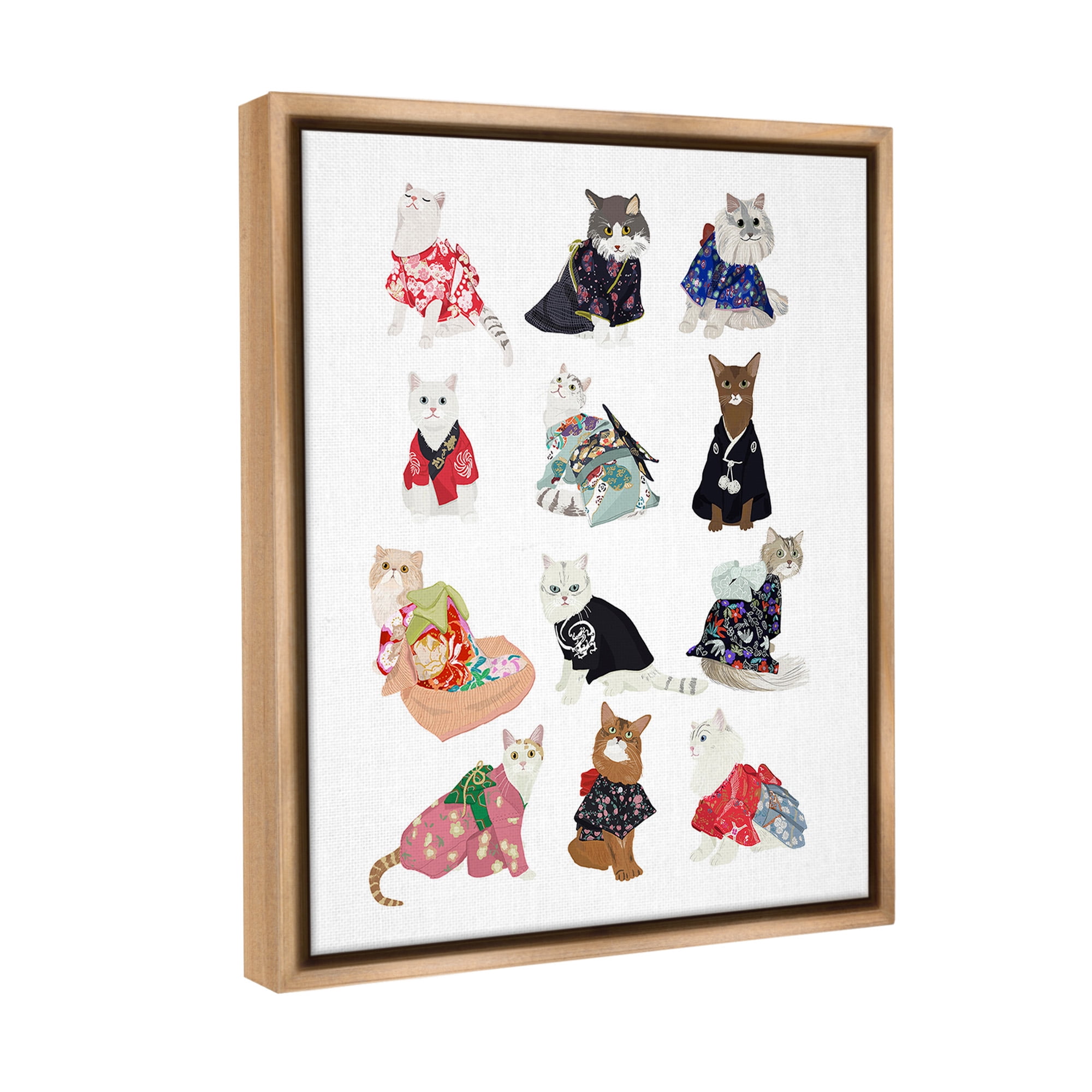 Stupell Industries Cats in Traditional Kimono Animals & Insects Painting Brown Floater Framed Canvas Art Print Wall Art, 17 x 21