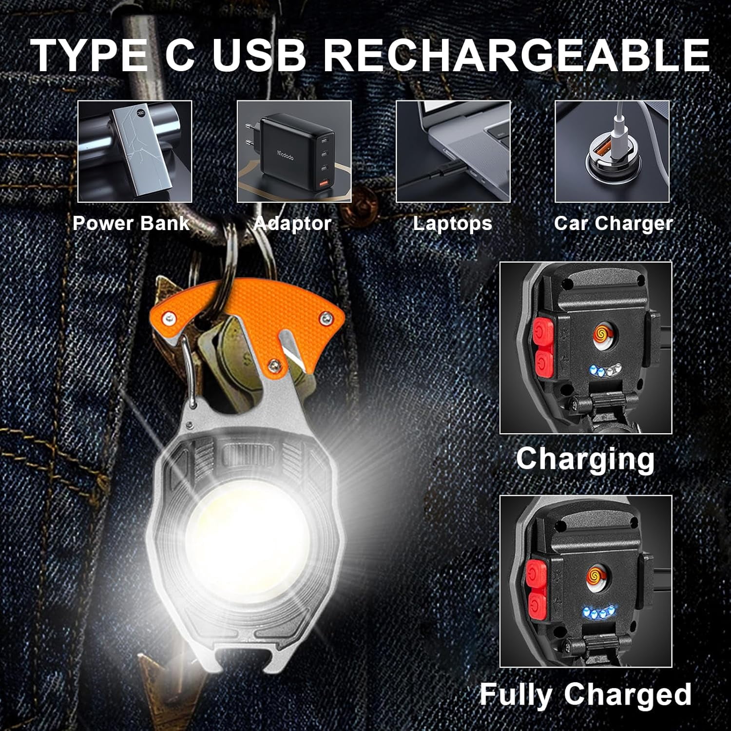 LETOUR 2 Pack Led Keychain Flashlight, 500 Lumens Rechargeable Cob Waterproof Portable Led Work Light, 5 Light Modes, Pocket Light with Battery Display