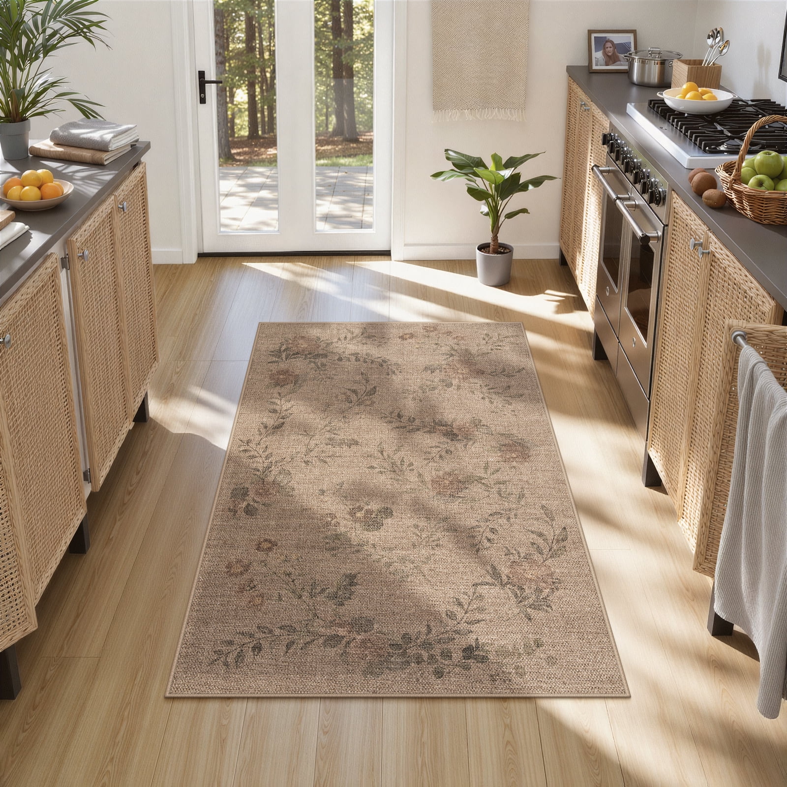 SUNDEREY 3'x5' Floral Easy Jute Rug,Area Rug 3x5ft Washable Bedroom Rug,Easy Jute Indoor Outdoor Carpet, Farmhouse Non Slip Khaki Floor Rug for Dining Room Office Entrance Kitchen,Vine&Fleur