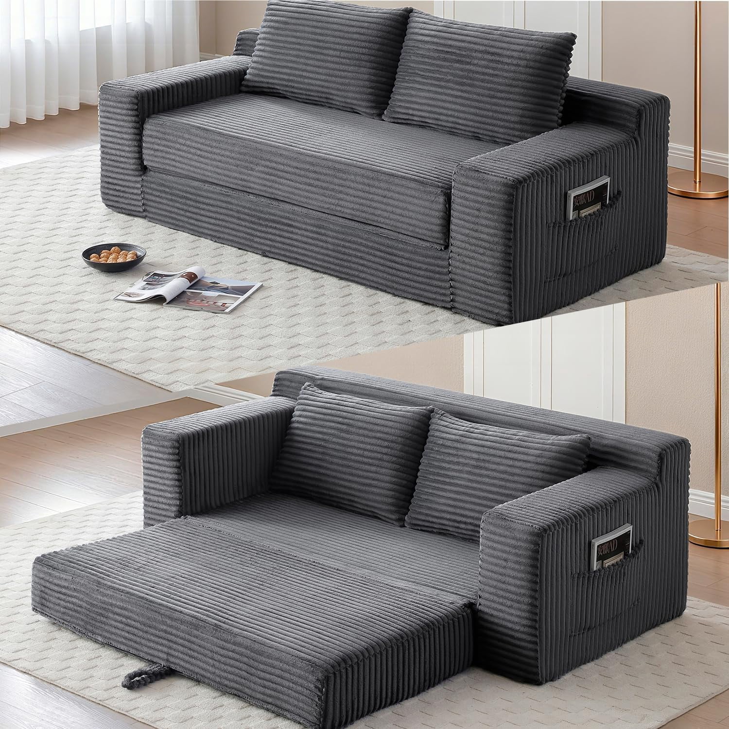 73" 2-in-1 Convertible Sofa Bed, Memory Foam Corduroy Loveseat, No Assembly, Grey