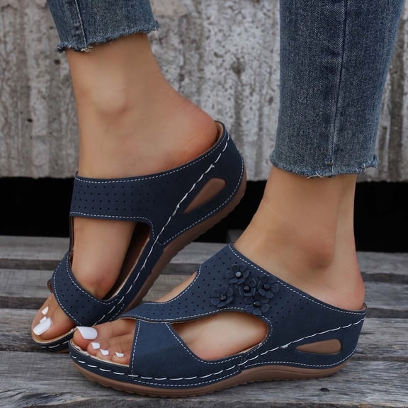 OOOUM On Sandals For Women Comfortable Cushioned Soft Flat Sandals Cutout Open Toe Casual Summer Walking Flats Dark Blue US:6.5