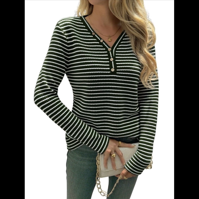 Camisa de Punto A Rayas de Larga con Cuello en V para Mujer, Estilo Túnica Informal, Holgada y Elegante, para Otoño. Verde M