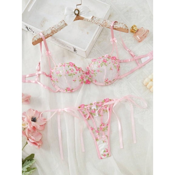 Floral Embroidery Mesh Lingerie Set