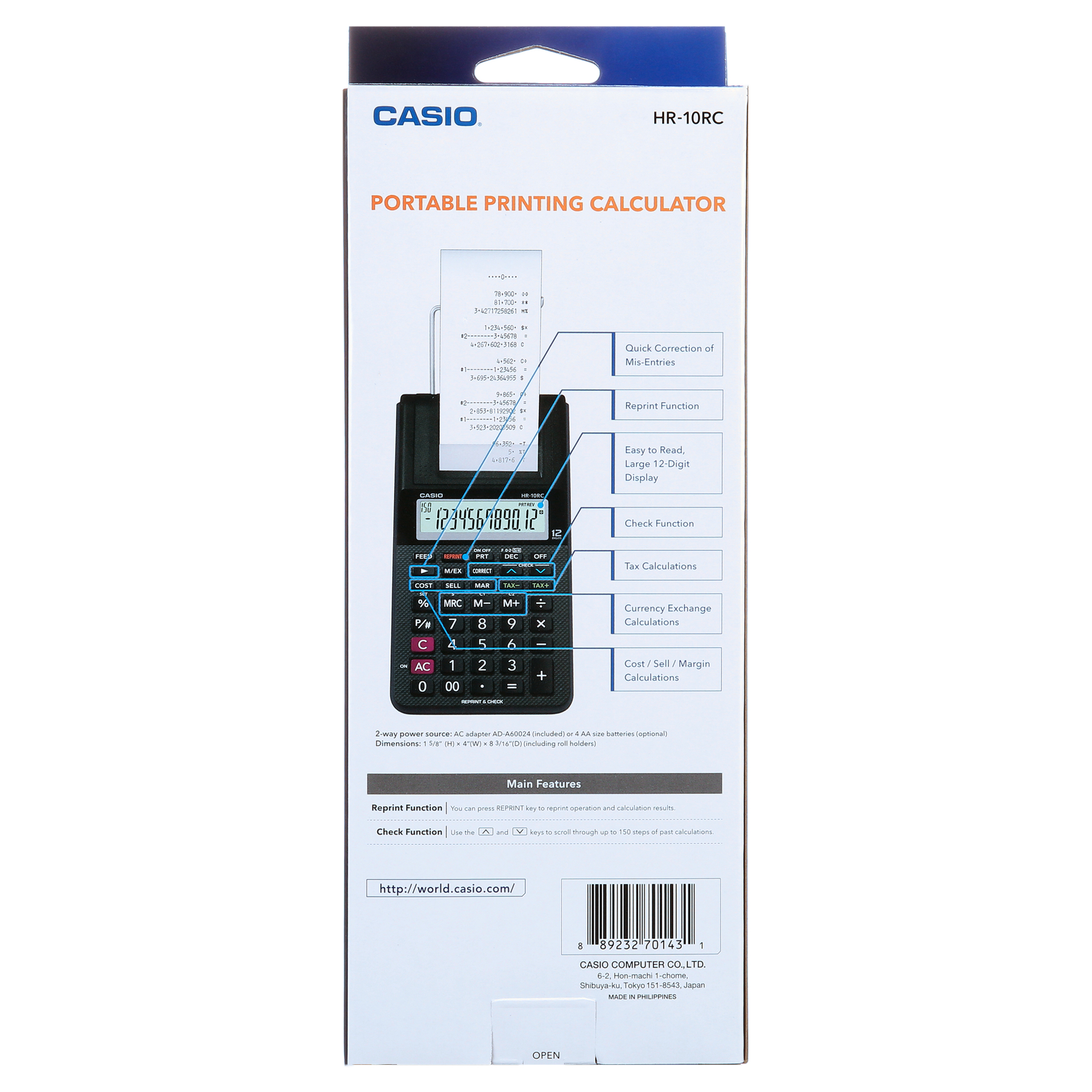 Casio HR 8RCE BK Calcolatrice Scrivente Portatile, Display A 12 Cifre