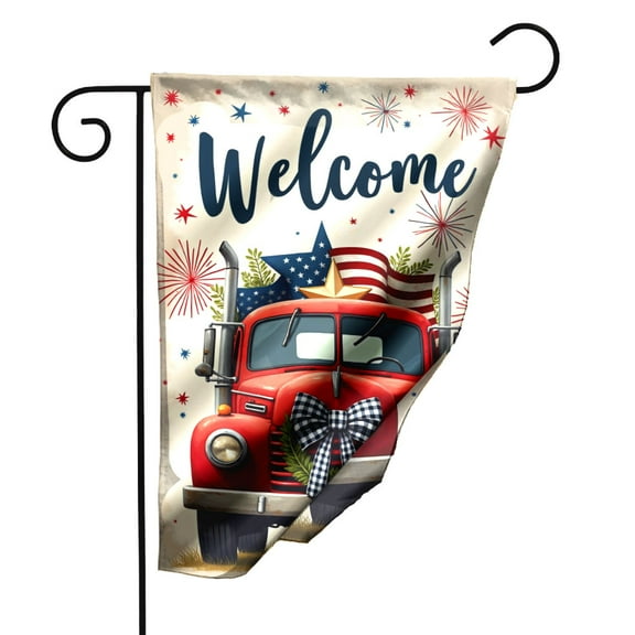 American Flag Patriotic Garden Flag 12.5x18 Inch Double Sided Decorative Yard Banner with Vintage Red Truck Star Wreath and Welcome Text for Outdoor Home Lawn Decor Fourth of July Summer Display