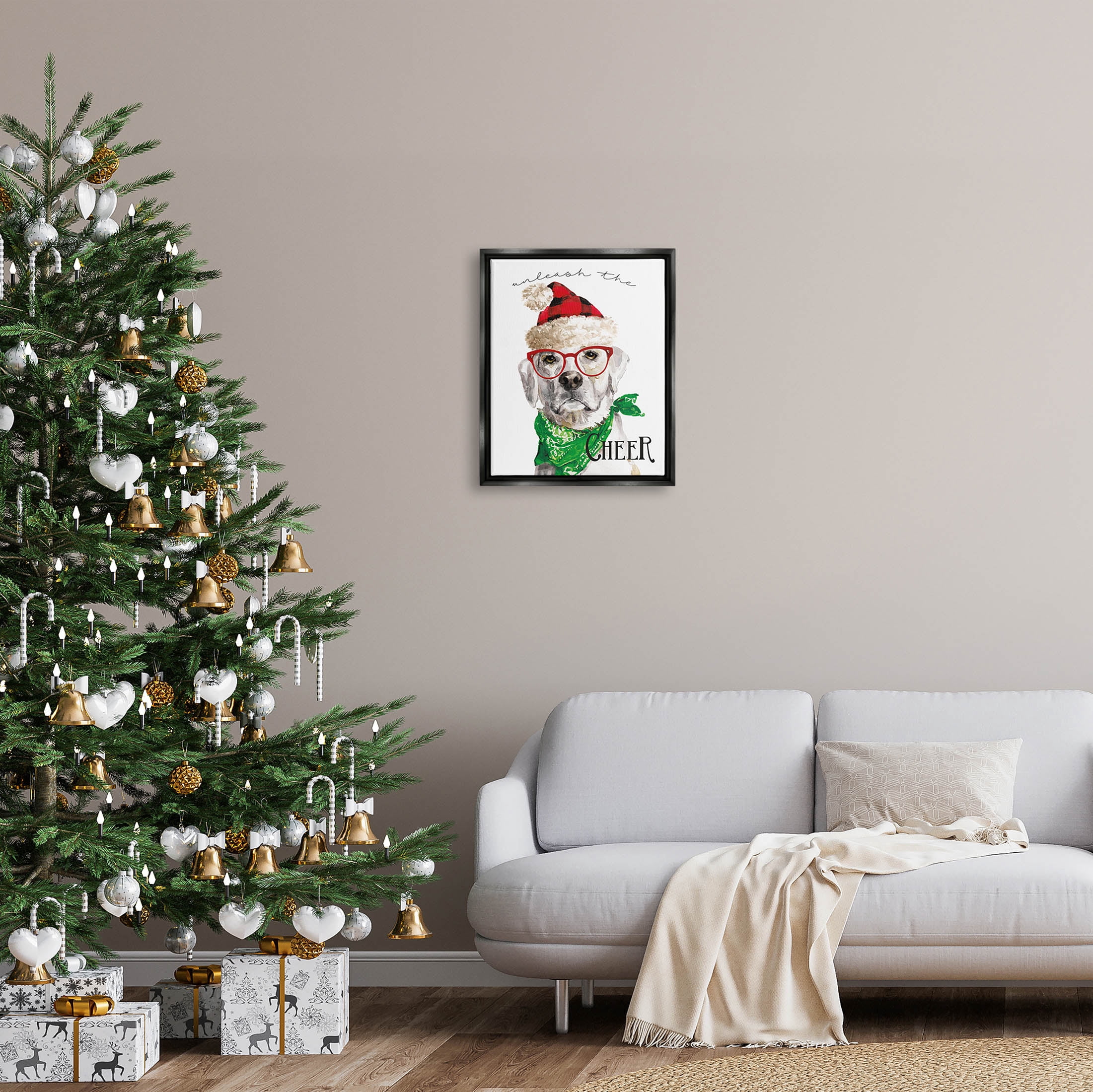 Stupell Industries Unleash The Cheer Holiday Dog Graphic Art Jet Black Floating Framed Canvas Print Wall Art, Design by Livi Finn