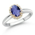 thumbnail image 2 of Gem Stone King 925 Sterling Silver and 10k Yellow Gold Blue Iolite and White Lab Grown Diamond Halo Engagement Ring for Women (0.78 Cttw, Gemstone, Oval Checkerboard 7X5MM, Size 9), 2 of 4