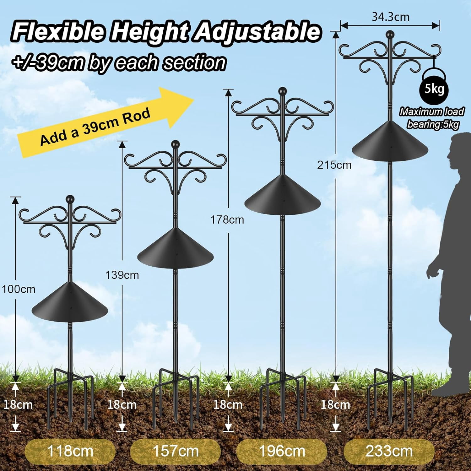 KOLAKO Bird Feeder Pole Squirrel Proof, 233cm Bird Feeding Station, Free Standing Heavy Duty Shepherds Hooks with Baffle for Garden Solar Lights,Baskets hanger, Black