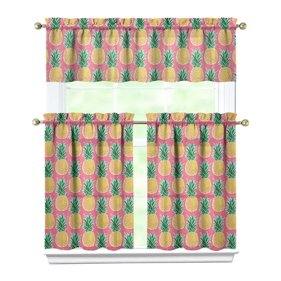 Fresh Pineapple Tier and Valance Kitchen Curtains Set, Hawaiian Tropical Fruit Window Drapes, Exotic Plant Pattern Curtains for Sunshine Summer Kitchen or Office Decor