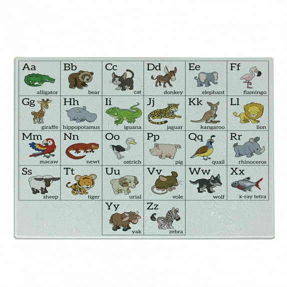 ABC Cutting Board, Alphabet Learning Chart Cartoon Animals Names Letters Upper and Lowercase Print, Decorative Tempered Glass Cutting and Serving Board, Small Size, Multicolor, by Ambesonne