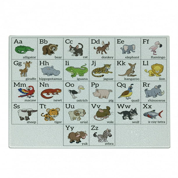 ABC Cutting Board, Alphabet Learning Chart Cartoon Animals Names Letters  Upper and Lowercase Print, Decorative Tempered Glass Cutting and Serving  Board, Small Size, Multicolor, by Ambesonne 