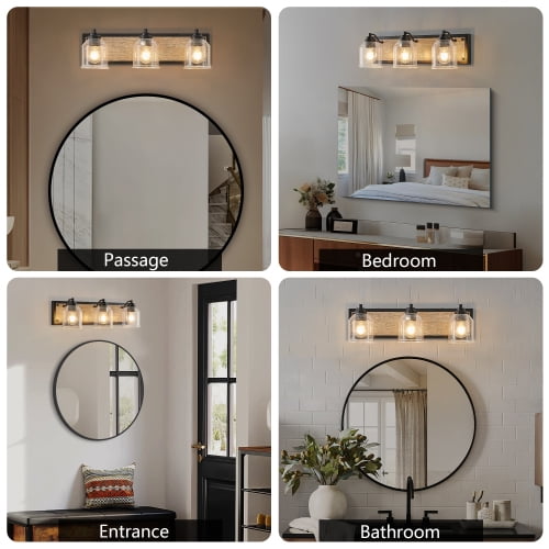 ACE-LIGHTS,3-Light Farmhouse Vanity Light Fixture,Bathroom Wall Sconce(Bulb Not Included) with Clear Seeded Glass Shades,Modern Industrial Design for Bathroom,Bedroom,Entrance,Passage(Black)