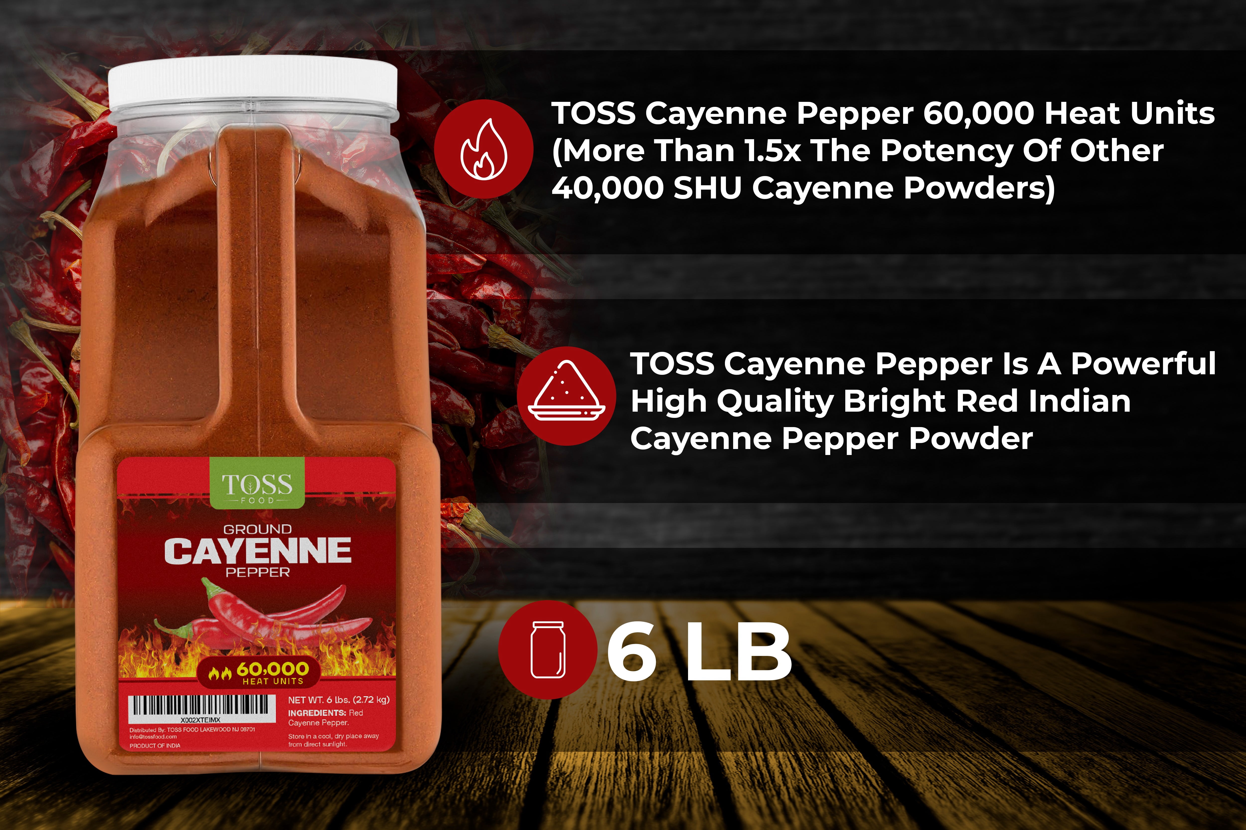 Toss Extra Hot Cayenne Pepper Powder, Bulk 60,000 Heat Units, 6 lb - Ground Cayenne Pepper Spice for Home and Commercial Cooking