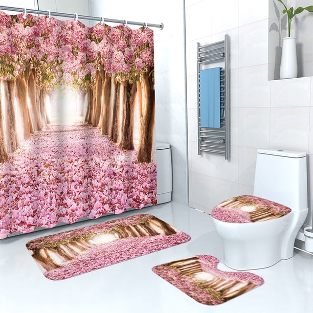 Set de cortinas de baño, 4 unidades, diseño floral rosa, diseño de jardín