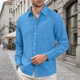 thumbnail image 2 of Men Slub Linen Long Sleeve Shirt, Solid Color Lapel Chest Pocket Breathable Casual Button Down Top for Daily Hawaiian Vacation Wear(Sky Blue,S), 2 of 4