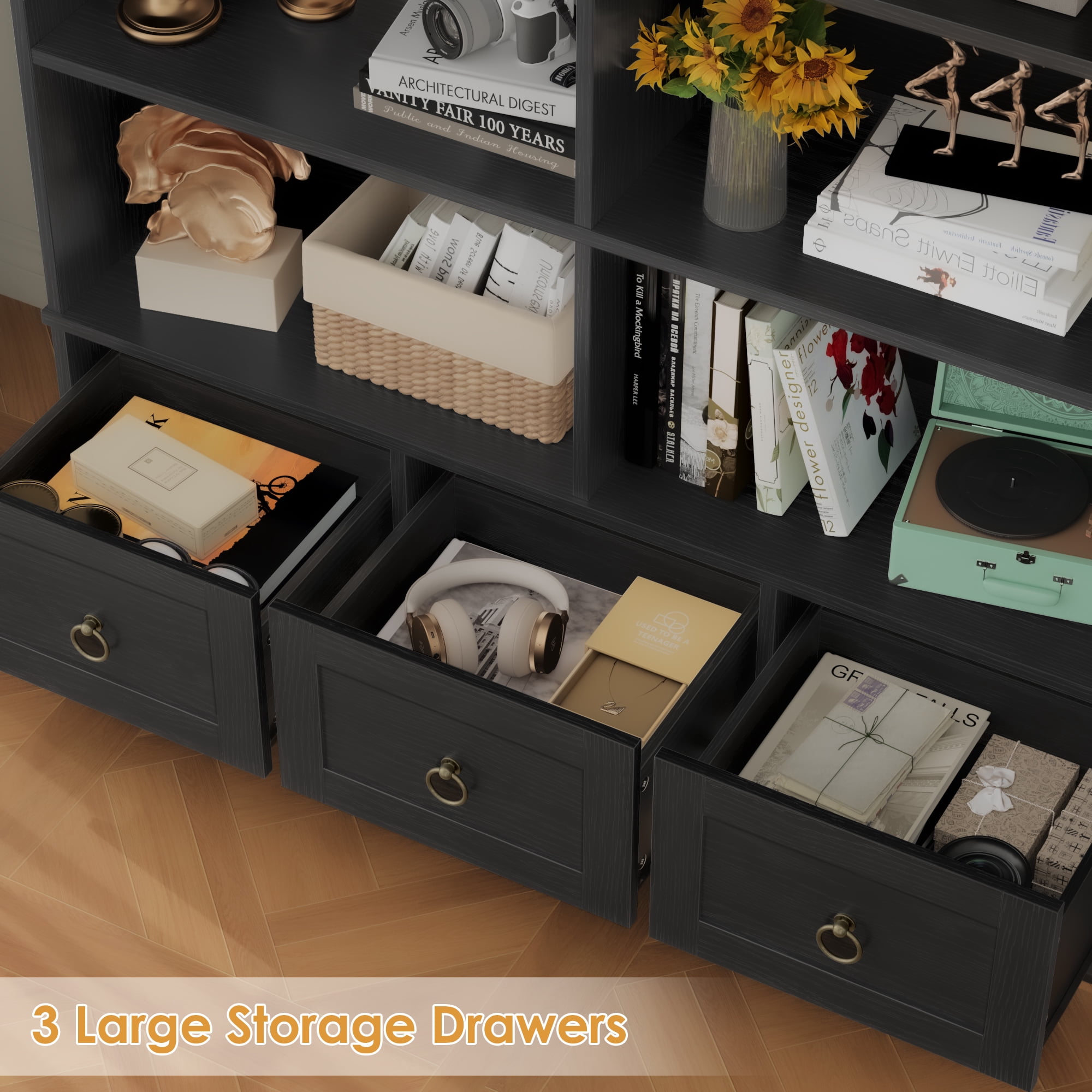 Homfa Tall Bookshelf with Drawers, Double Row 8 Cube 47'' Wide Bookcase for Living Room Office Small Space, Black