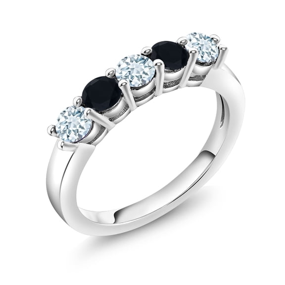 Gem Stone King 925 Sterling Silver Sky Blue Aquamarine and Black Onyx 5-Stone Wedding Anniversary Band Ring for Women (0.77 Cttw, Gemstone March Birthstone, Size 6)
