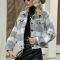 thumbnail image 3 of SWSMCLT Women's Warm Coat Plaid Printed Outerwear Casual Long Sleeve Topcoats Trendy Western Short Jacket Winter Button Down Light Grey Medium, 3 of 4