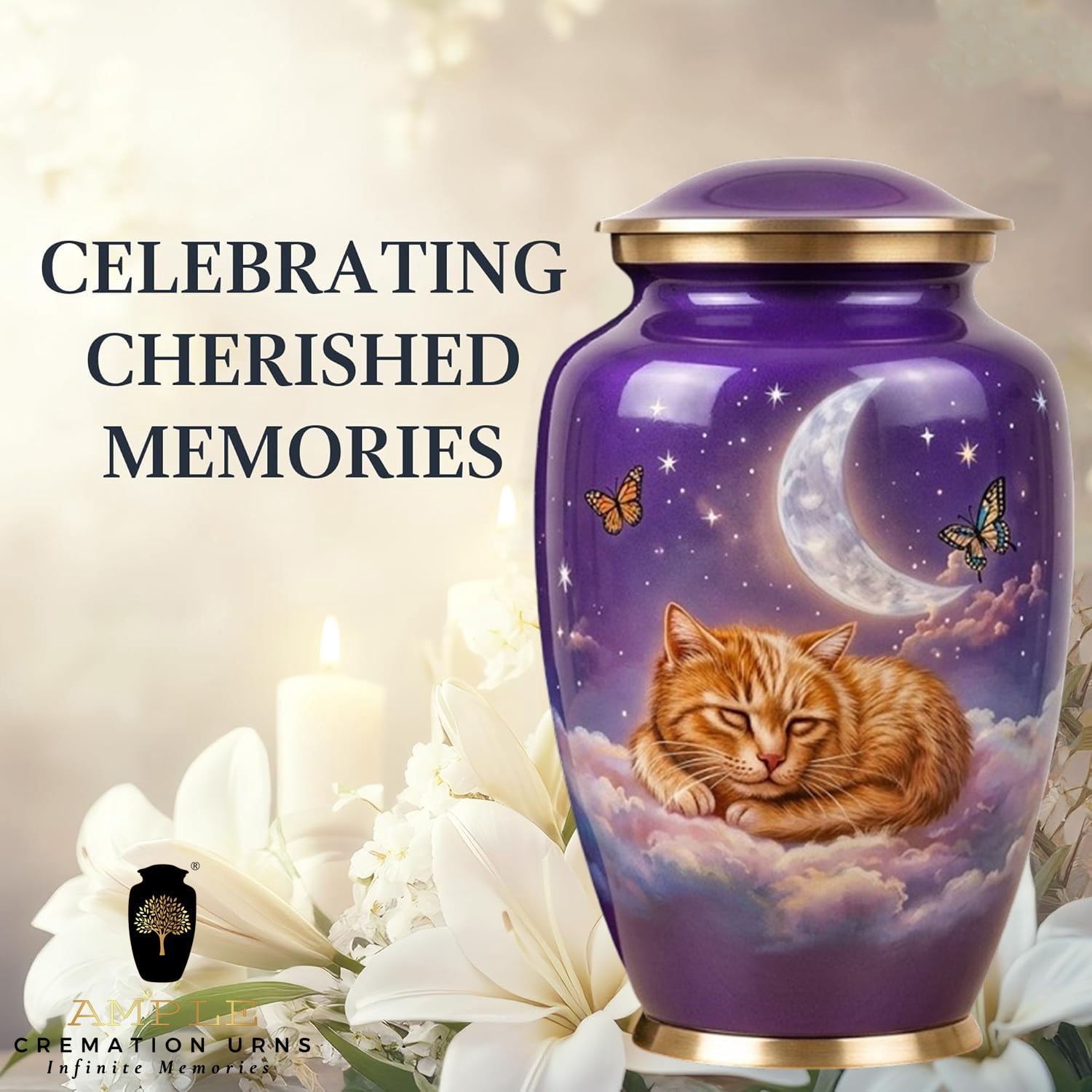 Purple Cat Cremation Urn – Pet Memorial Urn with Moon & Stars Design 10 inch premium