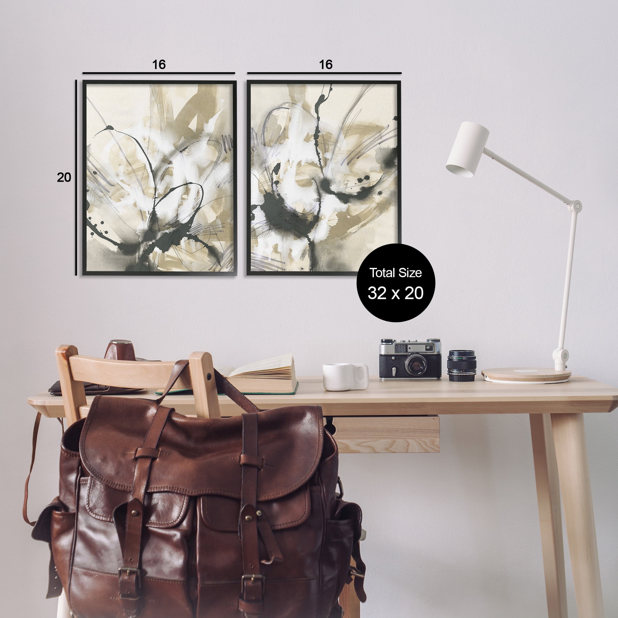 Stupell Industries Beige & Black Splatter Abstract Painting Black Framed Art Print Wall Art, 16 x 20, Set of 2