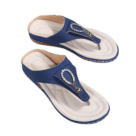 

Cglfd Thong Toe Rhinestone Slippers Women S Round Head Outer Wear Solid Color Low-Heeled Flip-Flops