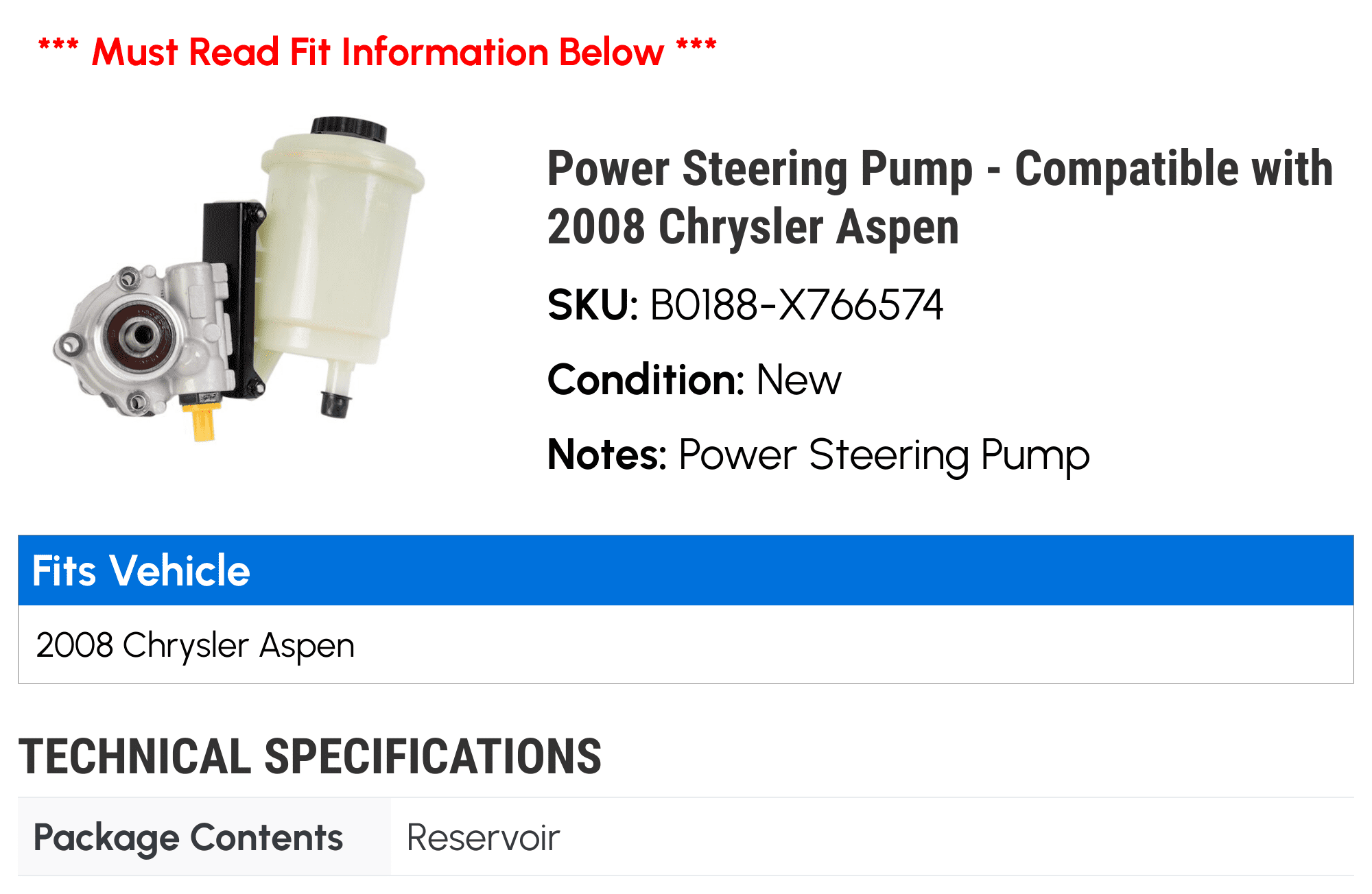 Power Steering Pump - Compatible with 2008 Chrysler Aspen