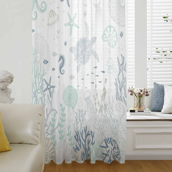 Coastal Semi Sheer Curtains Drapes for Living Room,Bedroom,French Doors Window 108 Inches Long,Turquoise Blue Turtle Starfish Coral Jellyfish Rod Pocket Chiffon Curtain Drapery Voile Draperies Panel