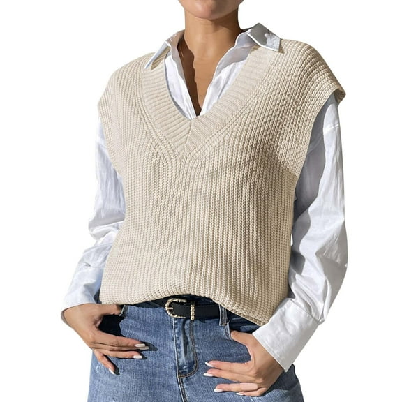 RMGVDSD Women's Solid Color Sweater Vest Loose V Neck Cute Sleeveless Knitted Casual Pullover Tops Outerwear Classic Casual Fall Sweaters /Beige