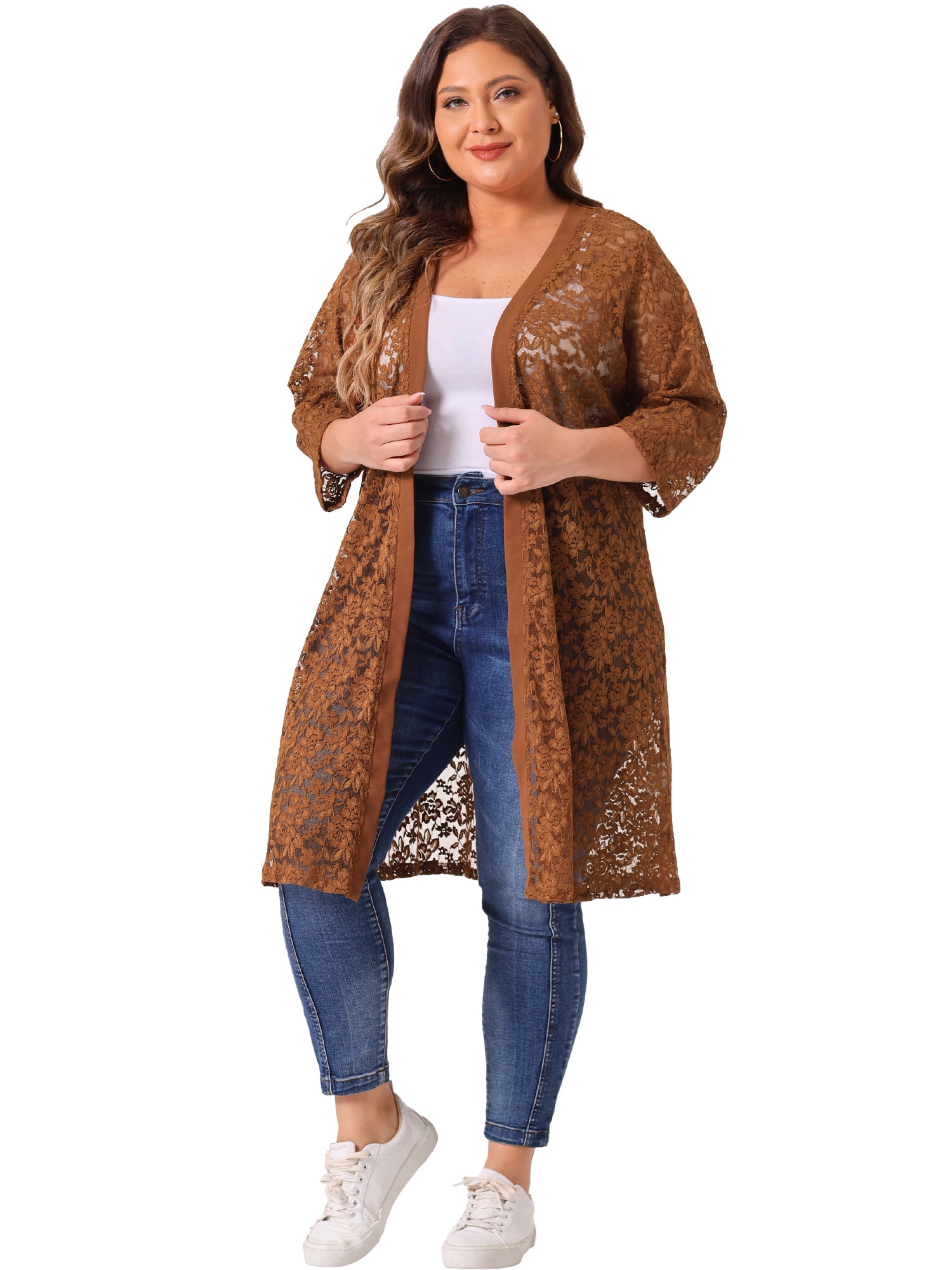 DARING DIVA Women's Plus Size Lace Crochet 3/4 Sleeve Cover Up Jacket 3X Brown