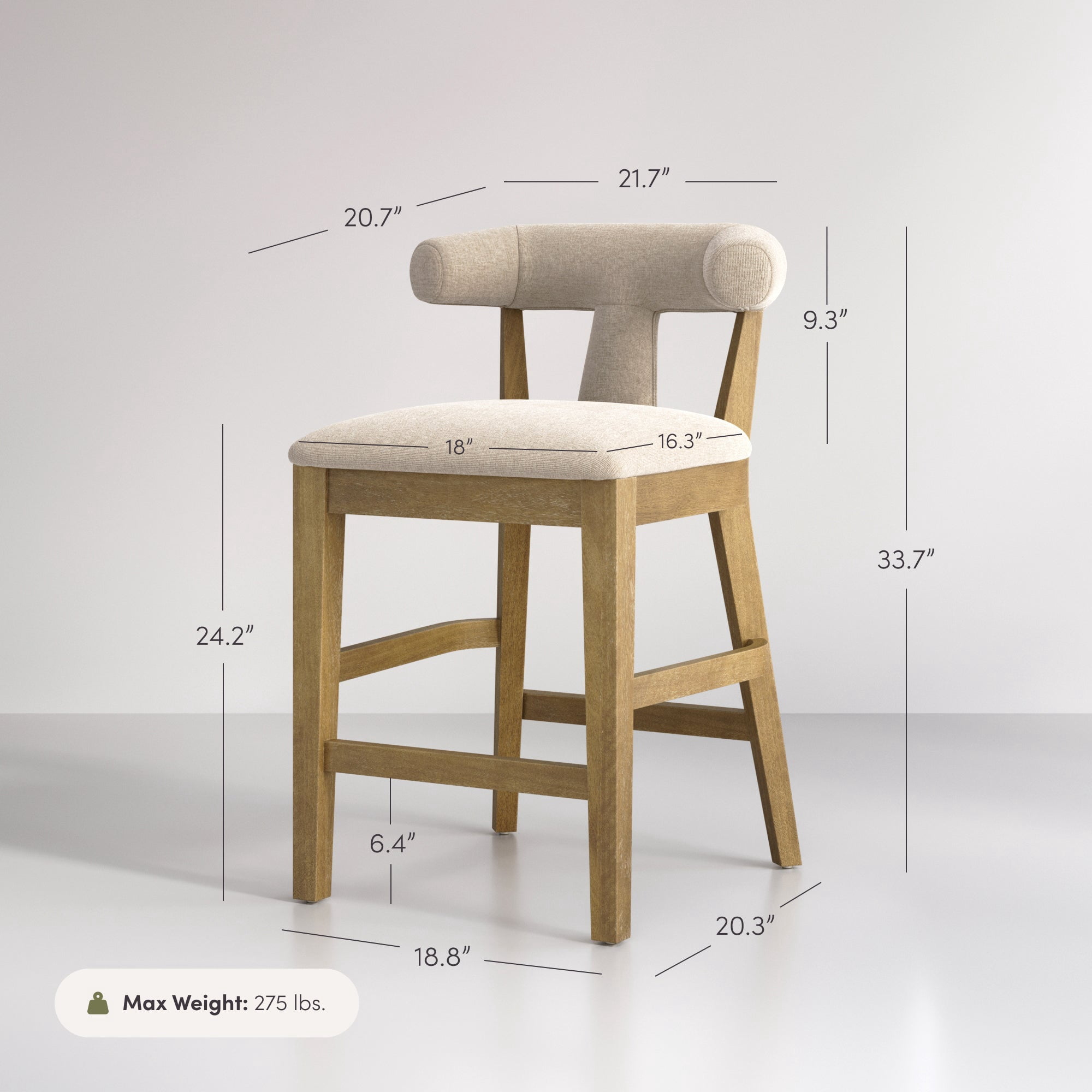Nathan James Sofia Modern Coastal Bar Stool with Backrest, Counter Height Bar Stool with Flax Upholstery and Solid Wood Legs, Light Brown