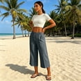 thumbnail image 3 of Posijego Women's Capri Pants Drawstring Elastic Waist Wide Leg Capris Summer Casual Cropped Loose Pants with Pockets S-3XL, 3 of 8