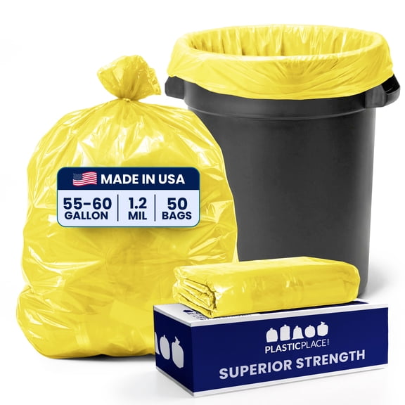 Plasticplace 55-60 Gallon Trash Bags │ 1.2 Mil │ Yellow Heavy Duty Garbage Can Liners │ 38” x 58” (50 Count)