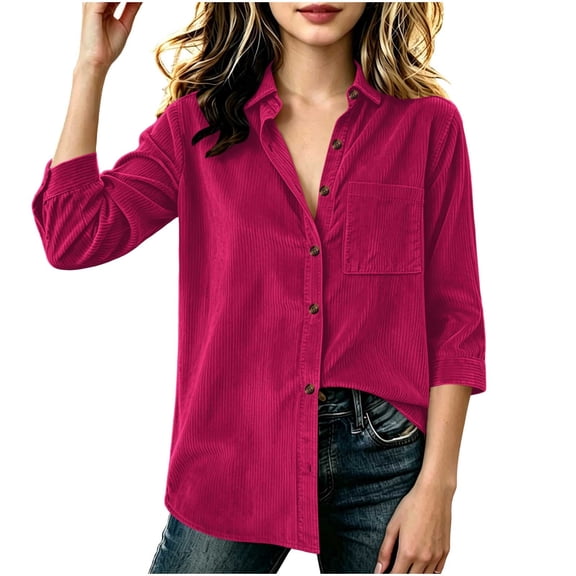 Besolor Button down Shirts for Teen Girls Fall Corduroy Casual Loose Long Sleeve Outwear Lapel Tops with Pocket(12-13 Years,Hot Pink)