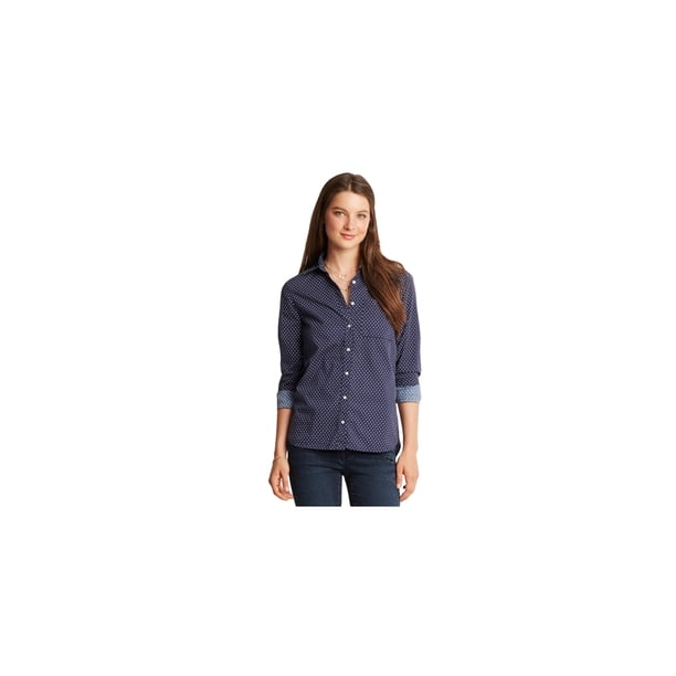 Aeropostale Camisa con botones de lunares para mujer, azul, pequeña
