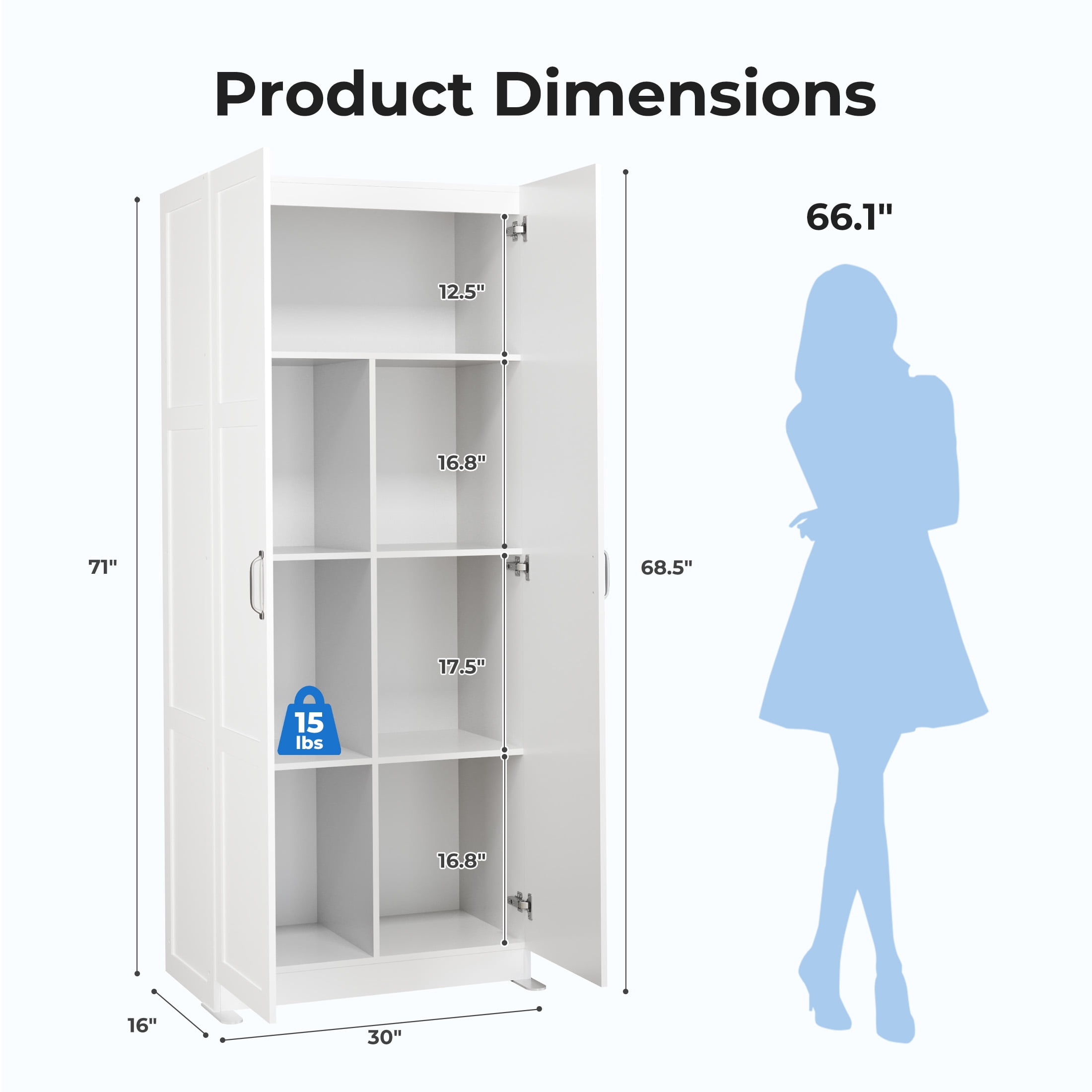 CONCETTA 71 inch Wooden Storage Cabinet, Freestanding Cupboard, 4-Tier Home Organizer for Kitchen, Living Room, Bedroom, Pantry, White