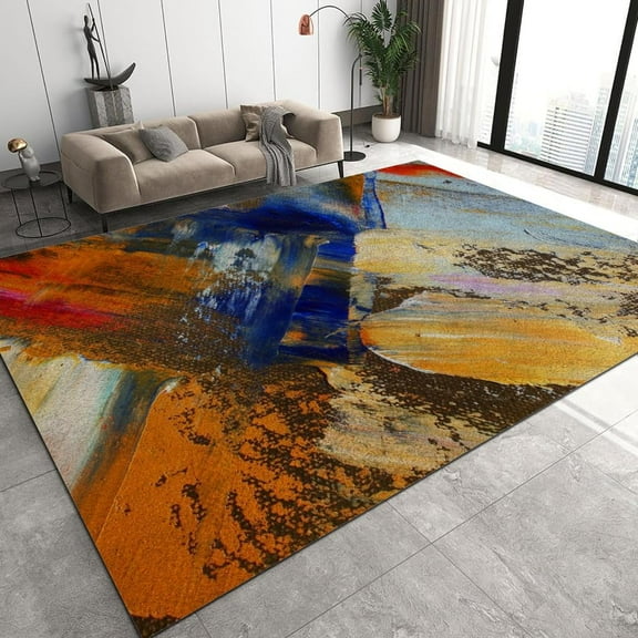 Orange Blue Brown Washable Rug - Abstract Oil Painting Area Rug Low-Pile Non-Shedding Foldable Rugs, Anti Slip Backing Rugs for Living Room&Bedroom&Dining Home Office 2x3ft