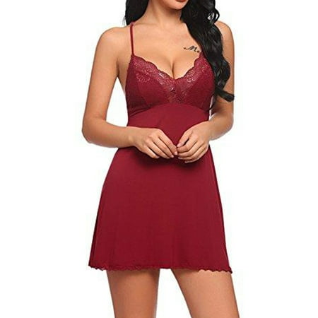 

Springcmy Ladies Lace Nightdress Lingerie Silk Strap V Neck Lace Dress Sleepwear