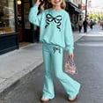 thumbnail image 2 of Girls 2 Piece Pants Set Bow Print Casual Girl Clothes Girls Summer Outfits Size 12 Long Sleeve Sweatshirt with Flare Leg Pants(Size 6-7 Years,Sky Blue), 2 of 4