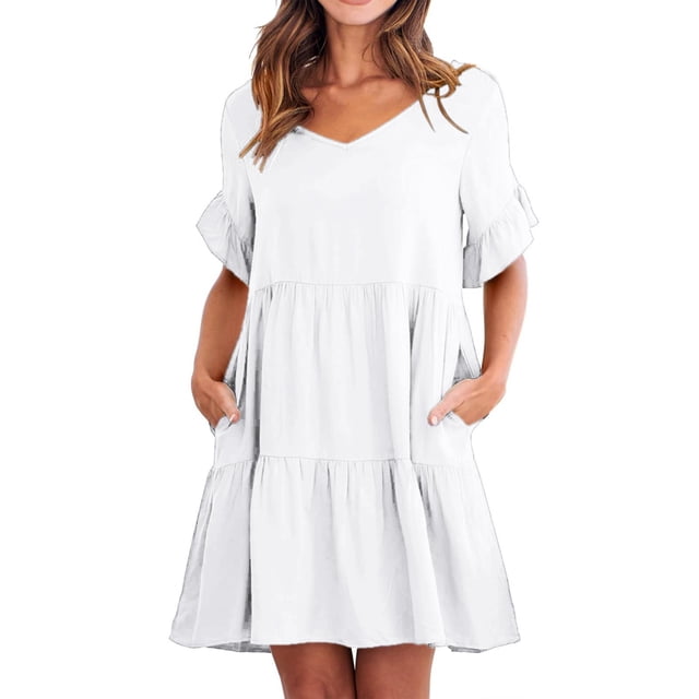 SHIXIAOO Robe d'Été Décontractée pour Femme à Col en V, Ourlet à Volants Superposés, Poche, Coupe Trapèze, Mini Évasée, Plage, Manches Courtes, Robe Longue, Grande Taille, Robe Rose Grande Taille, Veste en Dentelle Perlée