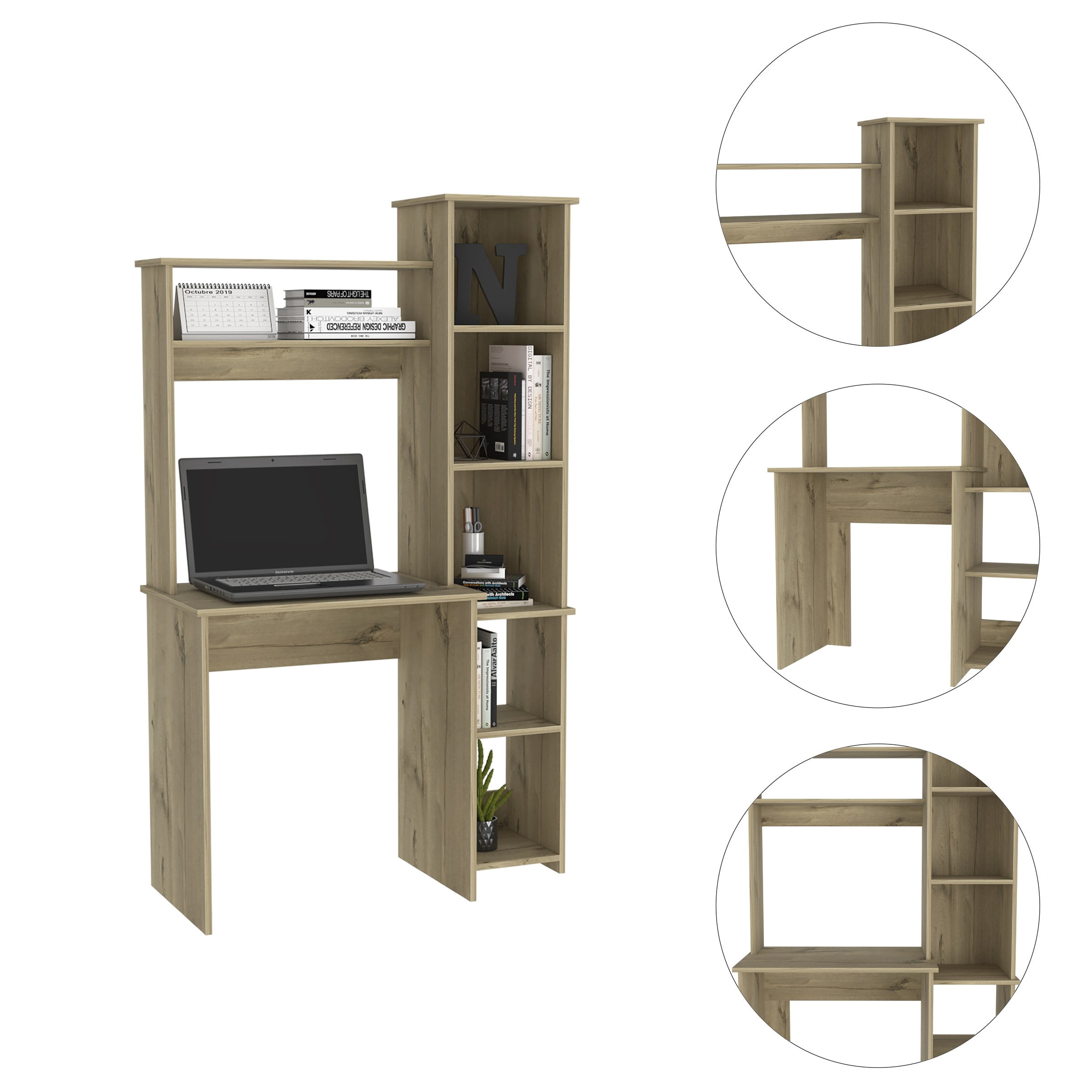 Astoutdoor Versalles Writing Desk with Two Shelves and Five Cubbies, Light Oak
