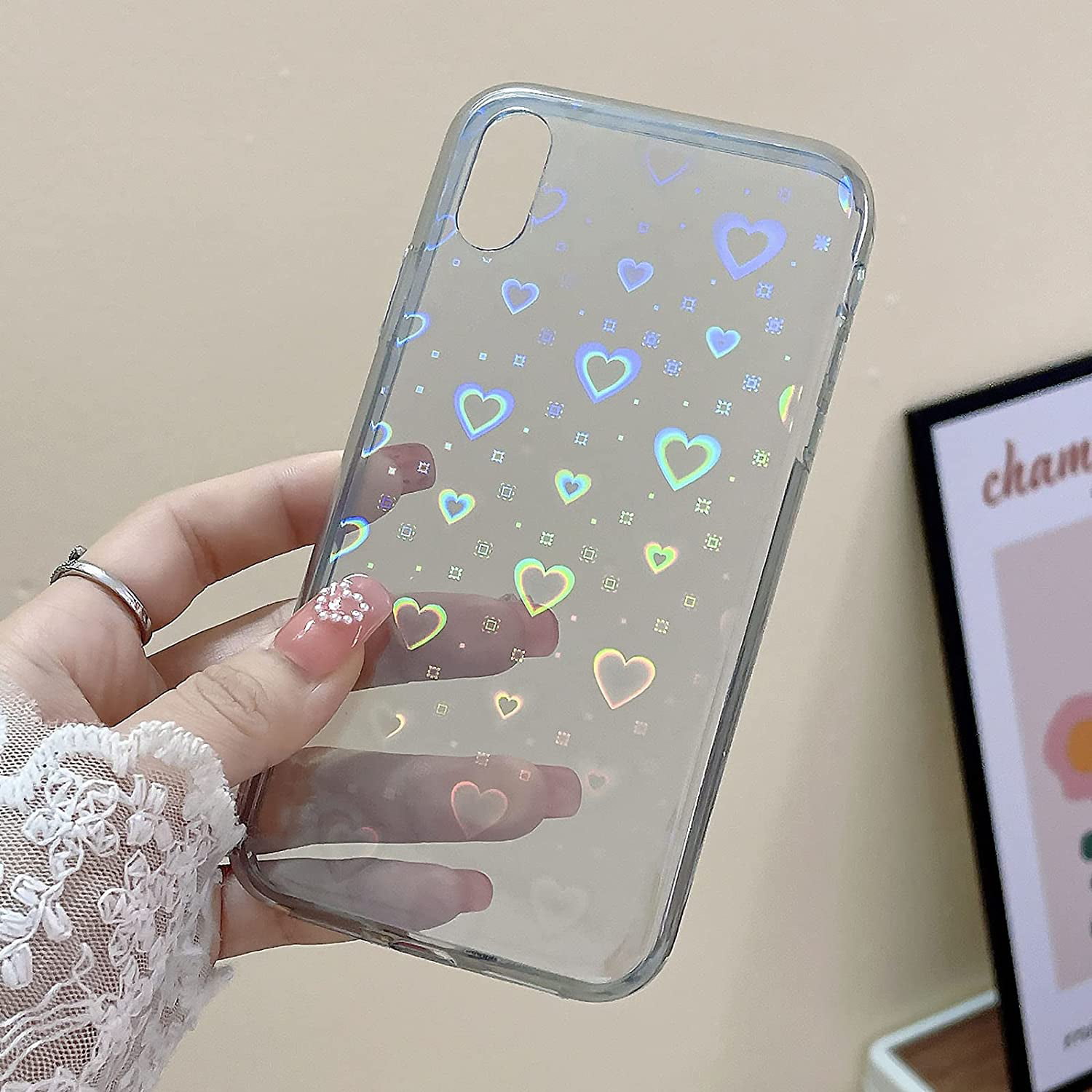 Hzcwxqh Cute Glitter Clear Laser Love Hearts Phone Case Compatible with iPhone SE 2020, iPhone 8, iPhone 7, Slim Thin Soft Shockproof Cover for