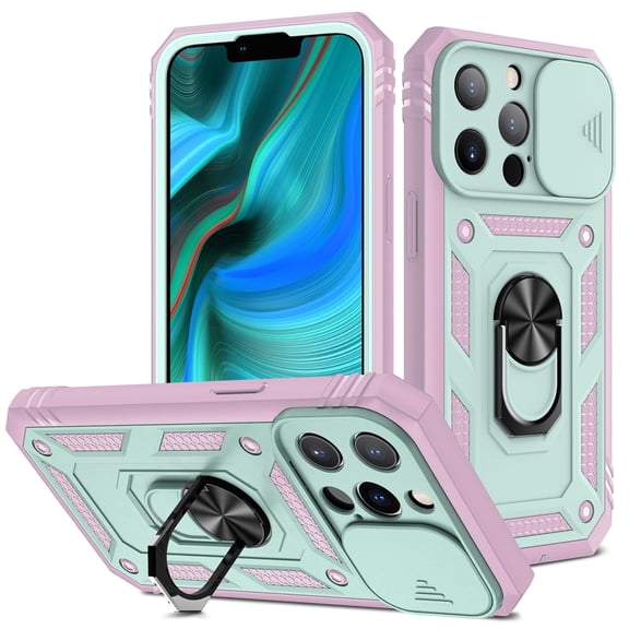 Military Grade Drop Impact for iPhone 14 Pro Max Camera Lens Slide Protection Case 360 Metal Rotating Ring Kickstand Holder Armor Shockproof Case For iPhone 14 Pro Max, Pink Green