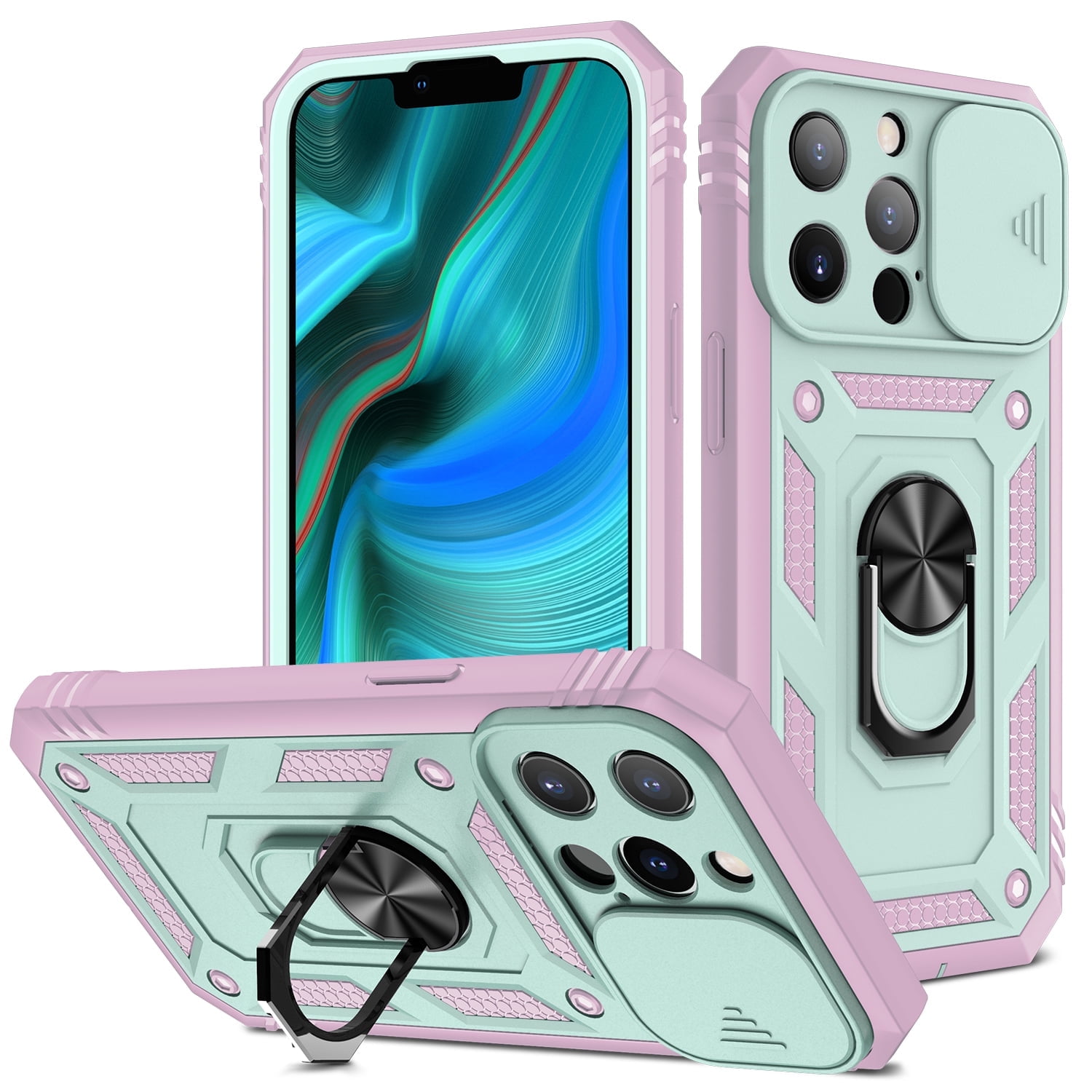 Military Grade Drop Impact for iPhone 14 Pro Max Camera Lens Slide Protection Case 360 Metal Rotating Ring Kickstand Holder Armor Shockproof Case For iPhone 14 Pro Max, Pink+Green