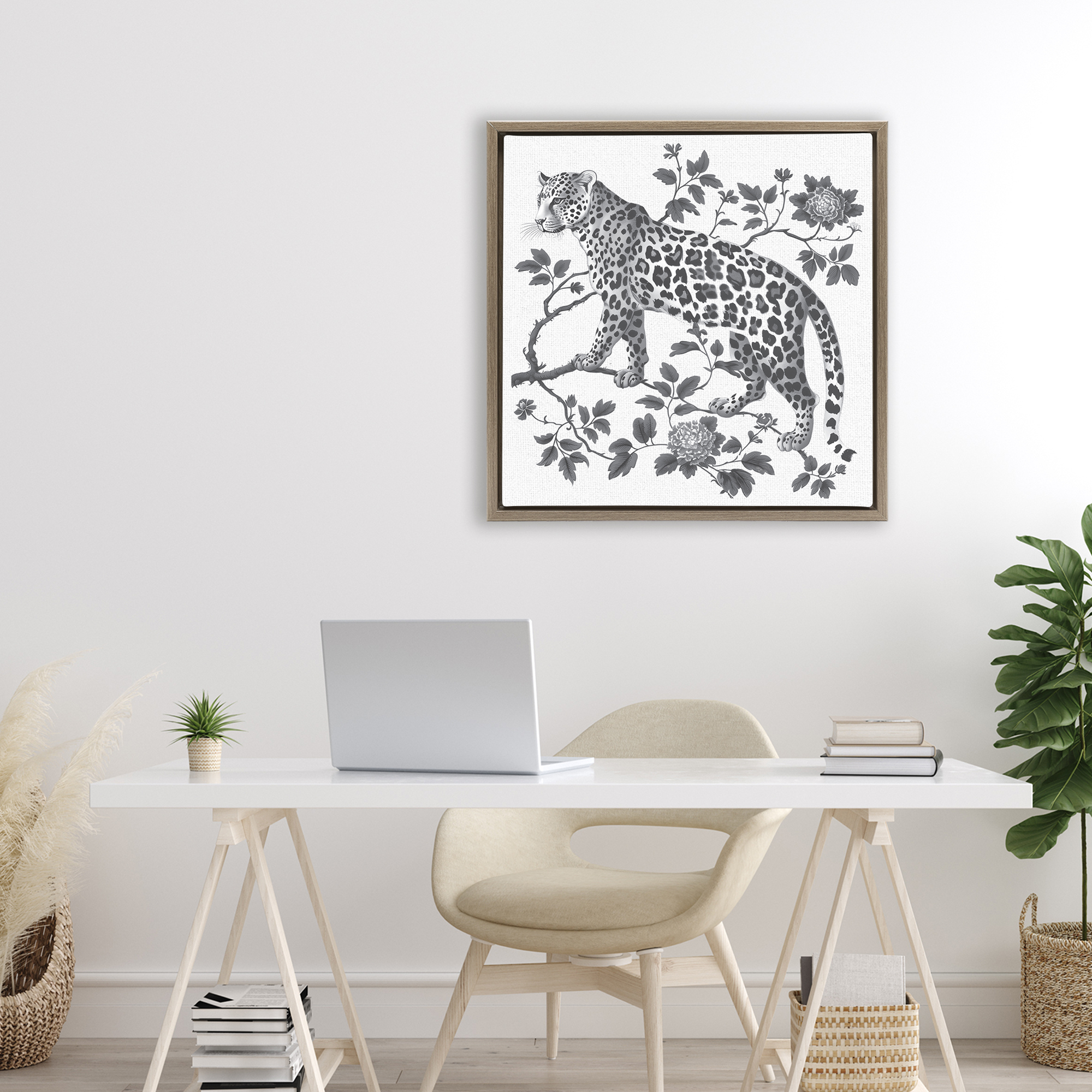 Monochrome Detail Leopard Brown Framed Floater Canvas Wall Art, design by Lettered and Lined