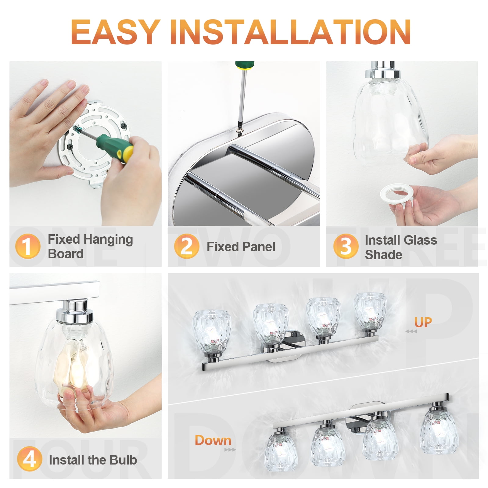 3/4/5/6 Light Bathroom Light Fixtures, Chrome Vanity Light Fixtures Over Mirror Wall Mount Lighting Fixture with Hammered Glass Shade E26 Socket for Hallway Kitchen Bedroom Living Room