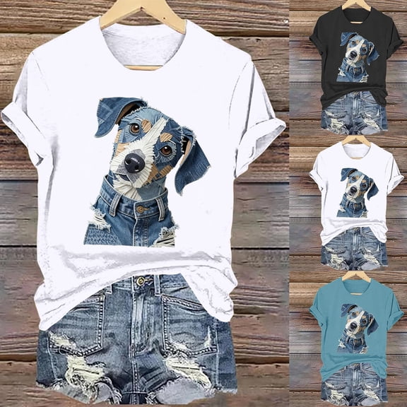 Sexlip Funny Cute Dog Pattern Denim Patchwork Shirt Crewneck Graphic Tee Black L