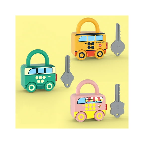 Kids Learning Locks with Keys Educational Preschool Numbers Matching & Counting Montessori Car Toys Teaching Aids Toys Game, 3 Pcs, School Bus + Bus + Ice Cream Truck