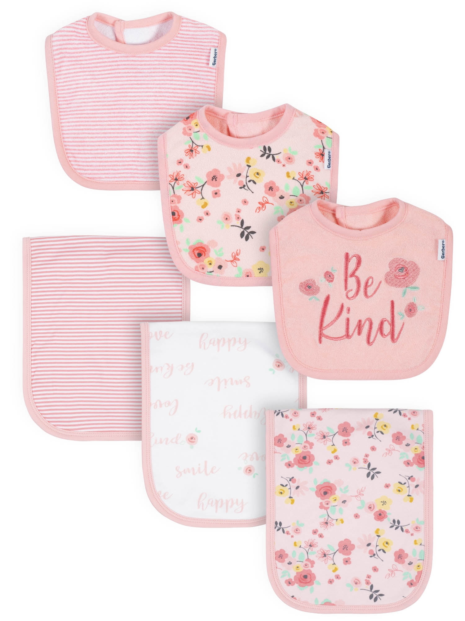 Gerber Baby Girl Bibs & Burp Cloth Bundle, 6Piece