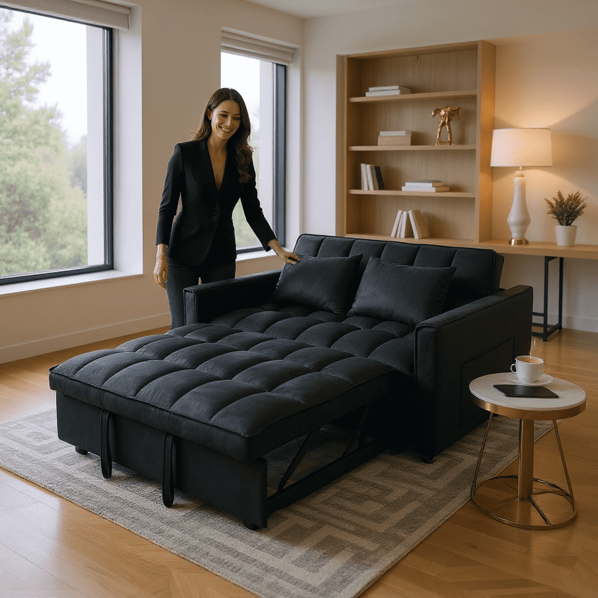 BSHTI 51.1" Pull-Out Sleeper Sofa Bed, Twin-Size Fold Out Sleeper, With 3 Angles Backrest Reclined, Velvet Upholstery, Side Storage Pocket and Two Pillows, Black