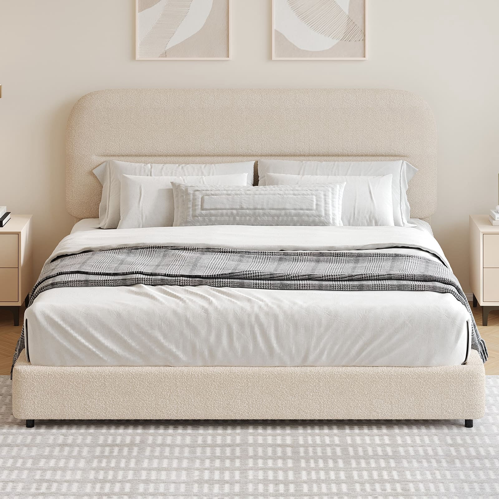 4 EVER WINNER Queen Bed Frame with Headboard, Boucle Upholstered Platform Bed Frame, Luxurious Soft Rounded Corners, No Box Spring Required, Non-Slip and Noise-Free, Easy Assembly, Beige